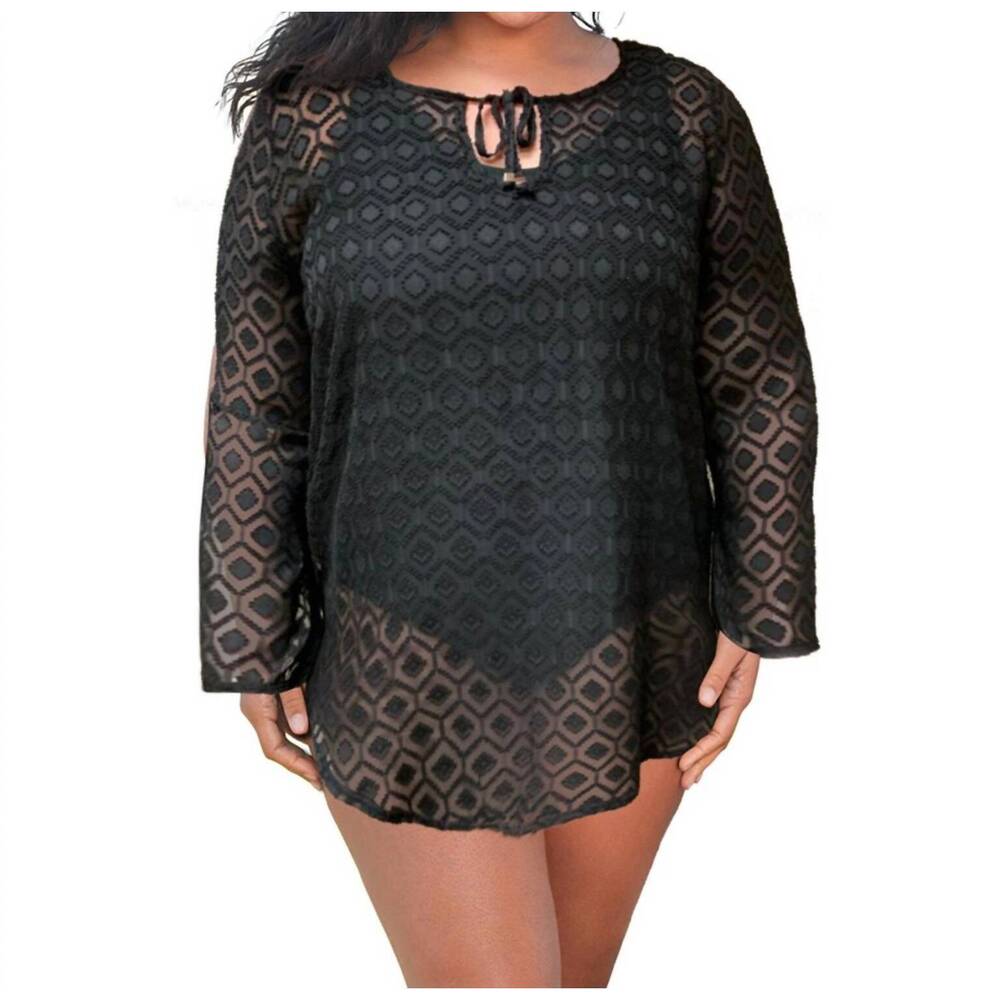 NEW ALWAYS FOR ME plus size long sleeve v-neck tunic cover up in black